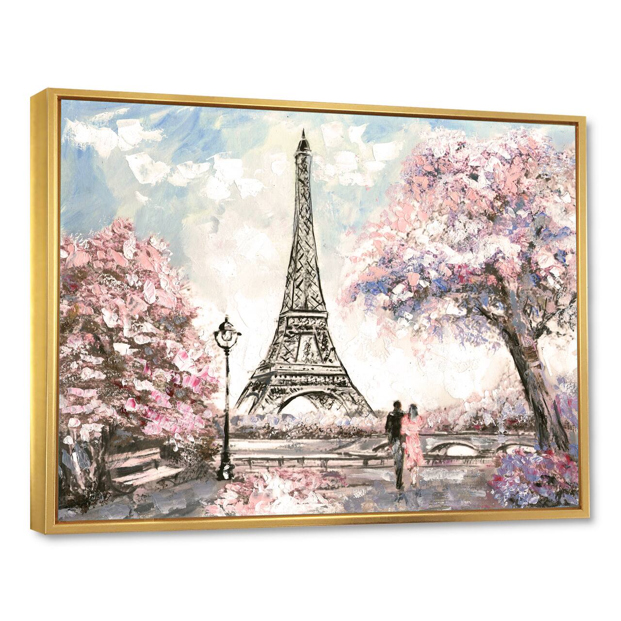 Designart - Eiffel with Pink Flowers - Landscape Framed Canvas Art Print